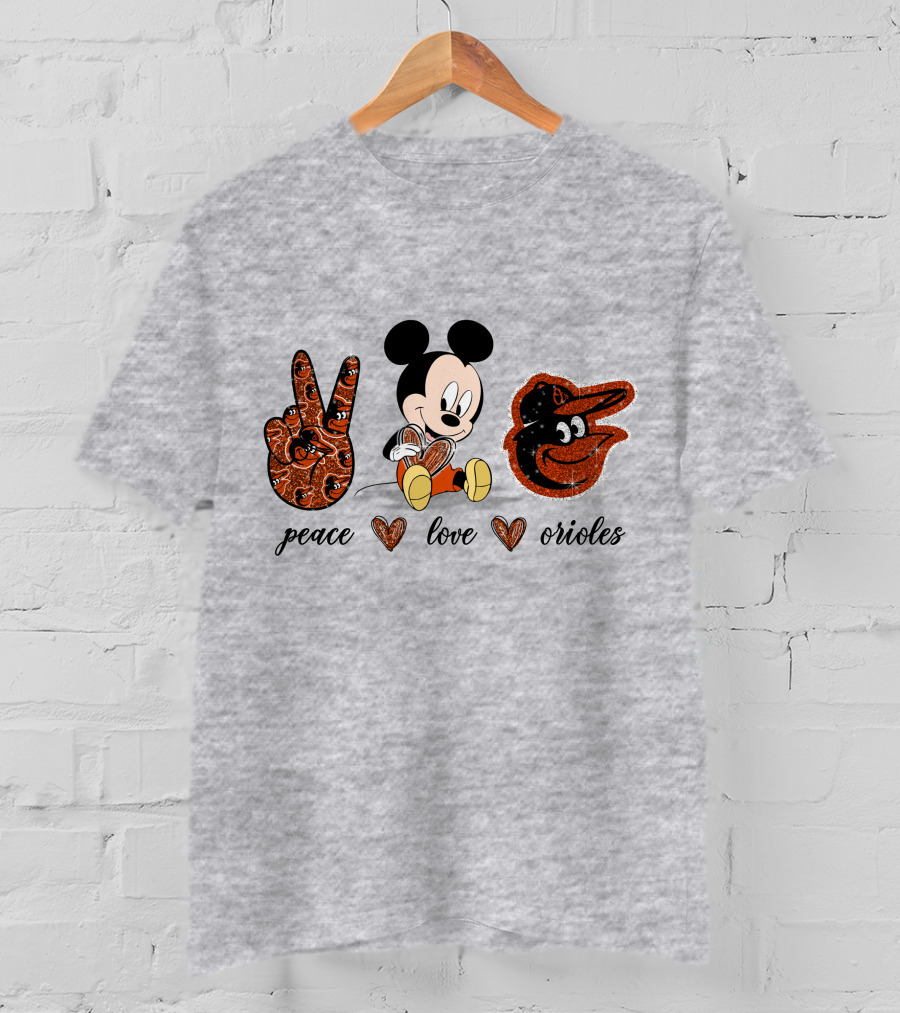 Mickey Mouse Peace Love Orioles Baseball Team T-Shirt