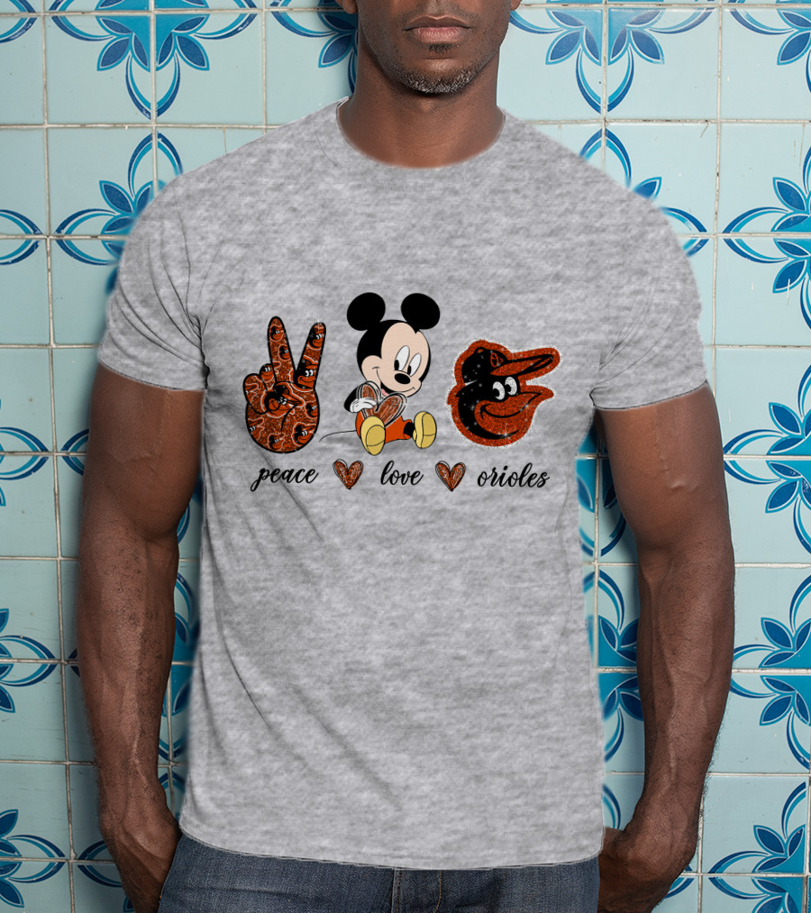 Mickey Mouse Peace Love Orioles Baseball Team T-Shirt