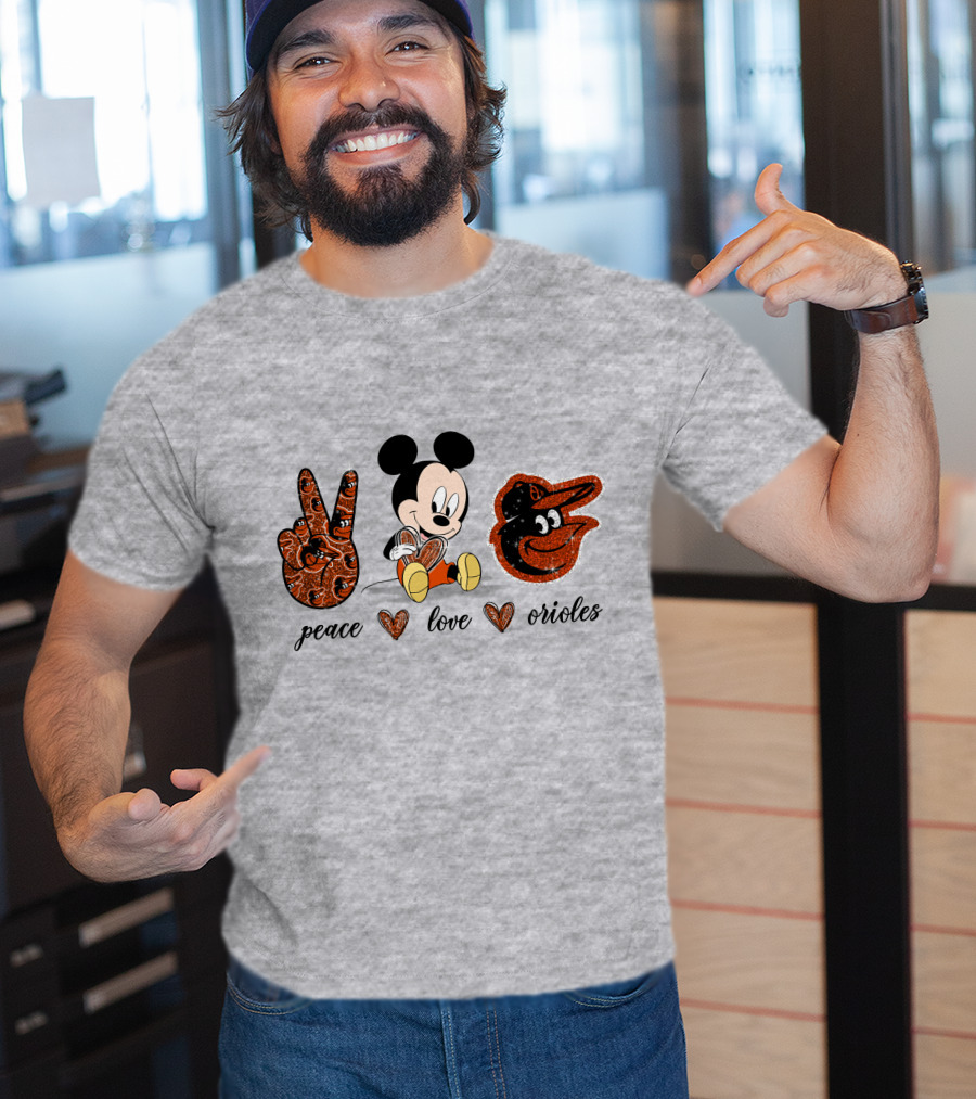 Mickey Mouse Peace Love Orioles Baseball Team T-Shirt