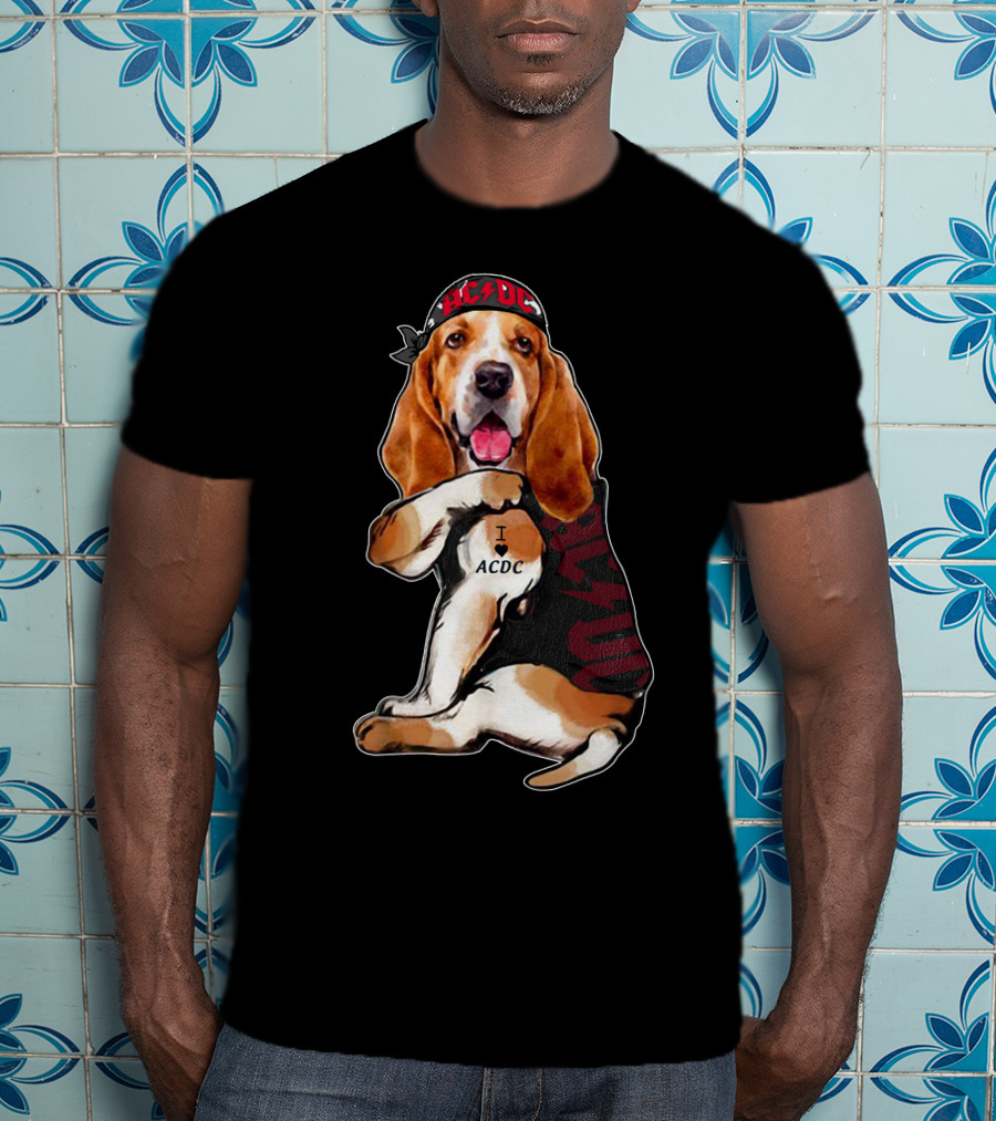 Basset Hound I Love Ac/Dc Bandana And Tattoo Style With Red Bandana And Black Vest T-Shirt
