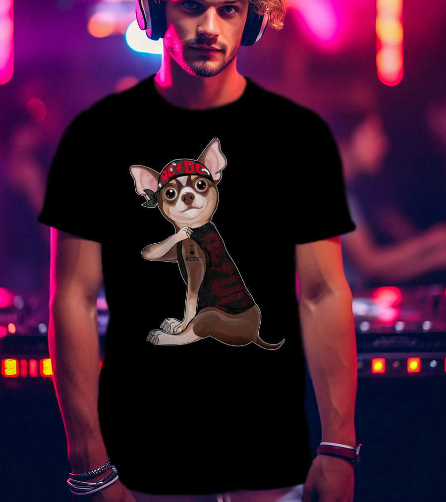 Chihuahua With I Love Ac/Dc Tattoo And Bandana T-Shirt