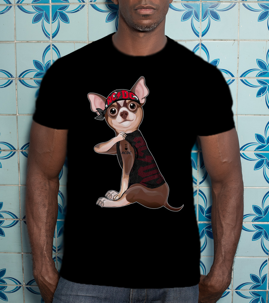 Chihuahua With I Love Ac/Dc Tattoo And Bandana T-Shirt