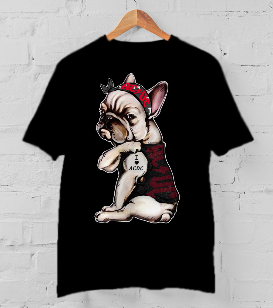 French Bulldog I Love Ac/Dc Black Bandana Rock Style T-Shirt