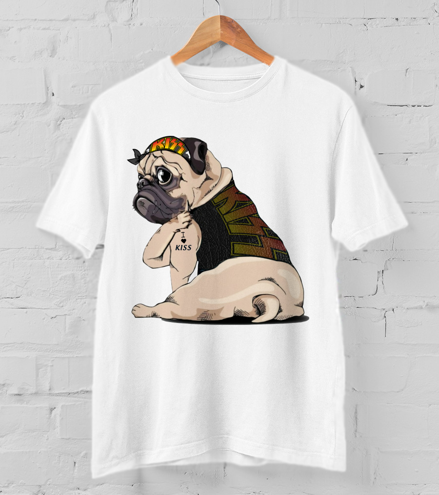 Kiss Bandana Pug With I Love Kiss Tattoo T-Shirt