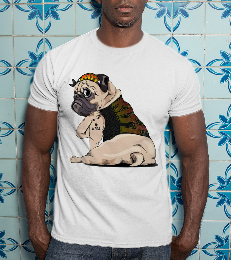 Kiss Bandana Pug With I Love Kiss Tattoo T-Shirt