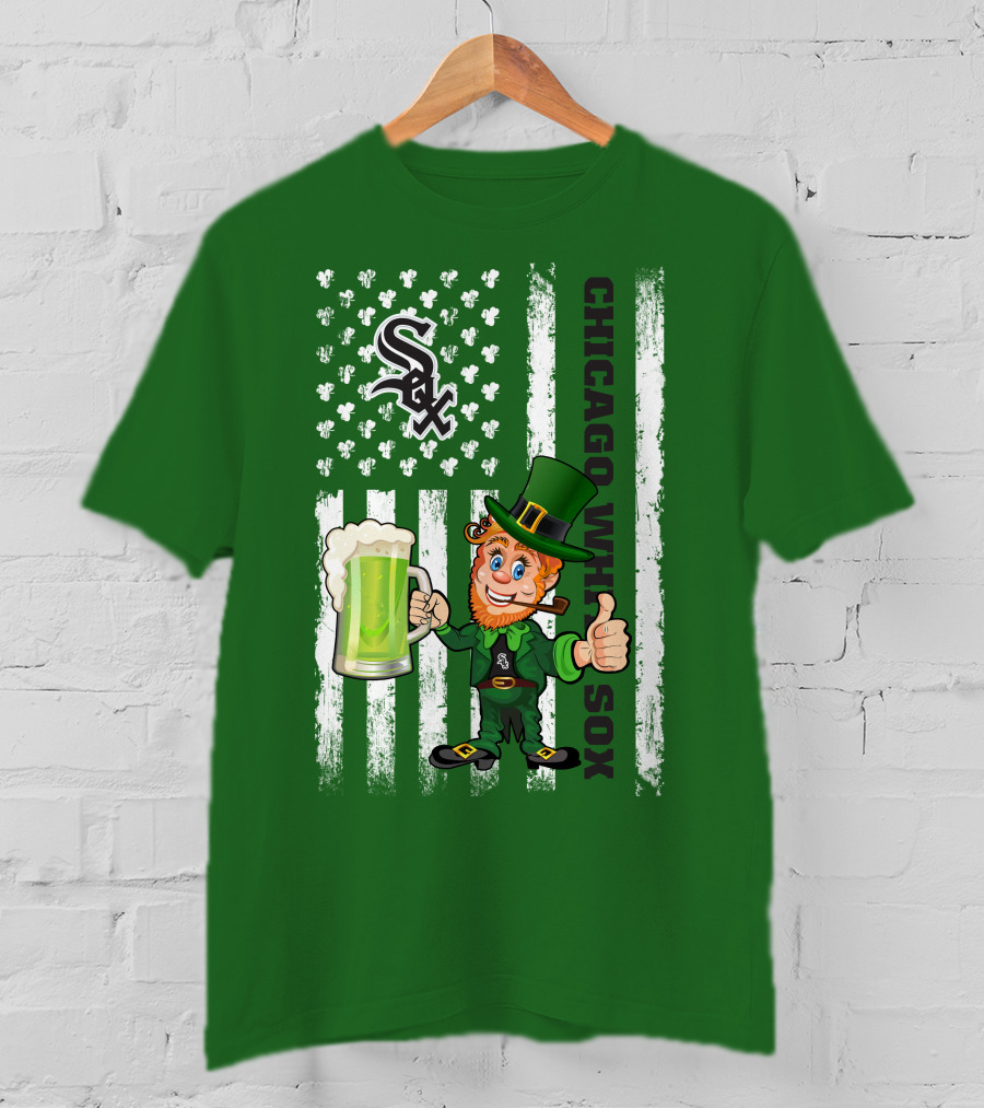 Chicago White Sox St Patrick's Day Leprechaun With Shamrock Beer And American Flag T-Shirt