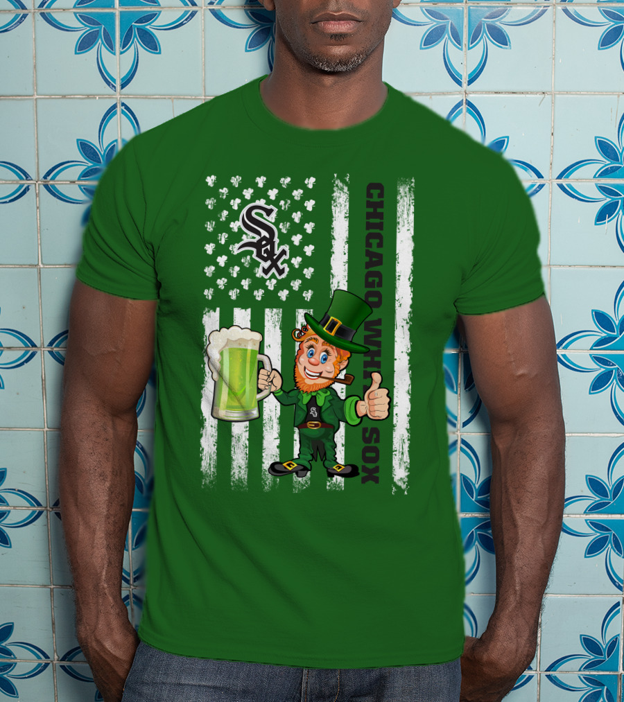 Chicago White Sox St Patrick's Day Leprechaun With Shamrock Beer And American Flag T-Shirt