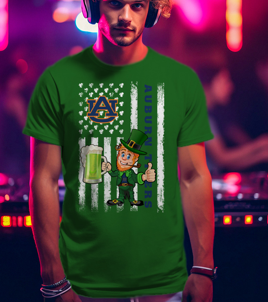 Auburn Tigers Leprechaun Holding Beer With Shamrocks St Patrick's Day T-Shirt