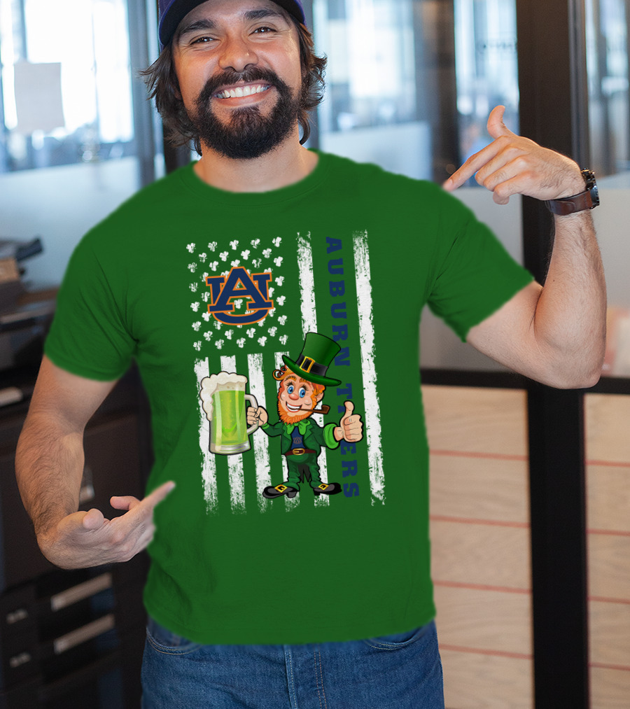 Auburn Tigers Leprechaun Holding Beer With Shamrocks St Patrick's Day T-Shirt