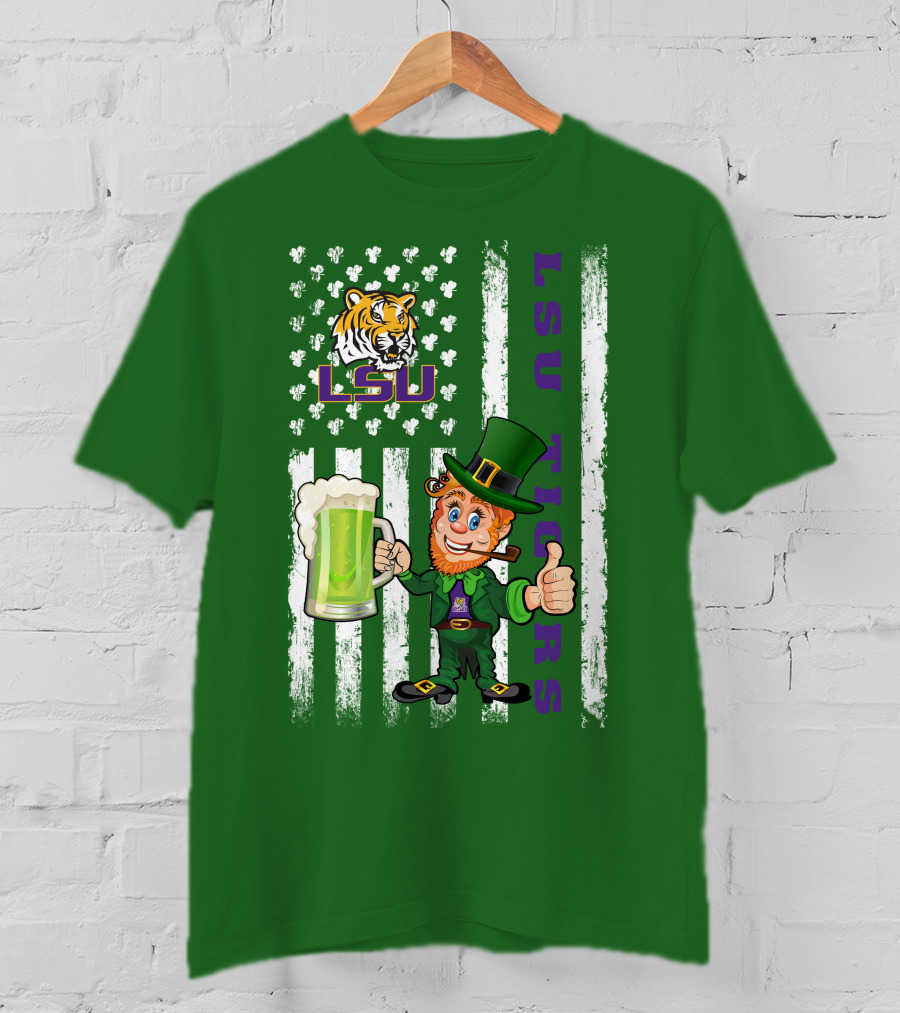LSU Tigers St Patrick's Day Leprechaun Irish Flag With Beer Mug T-Shirt