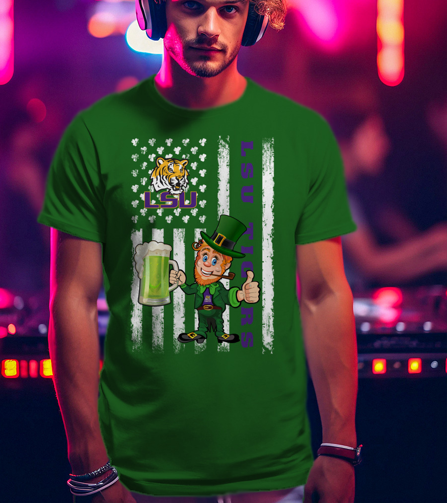 LSU Tigers St Patrick's Day Leprechaun Irish Flag With Beer Mug T-Shirt