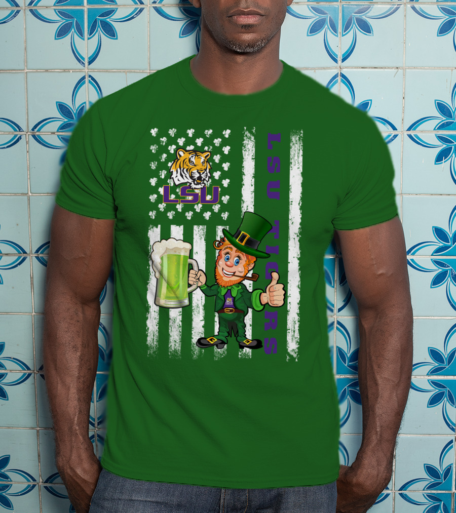 LSU Tigers St Patrick's Day Leprechaun Irish Flag With Beer Mug T-Shirt