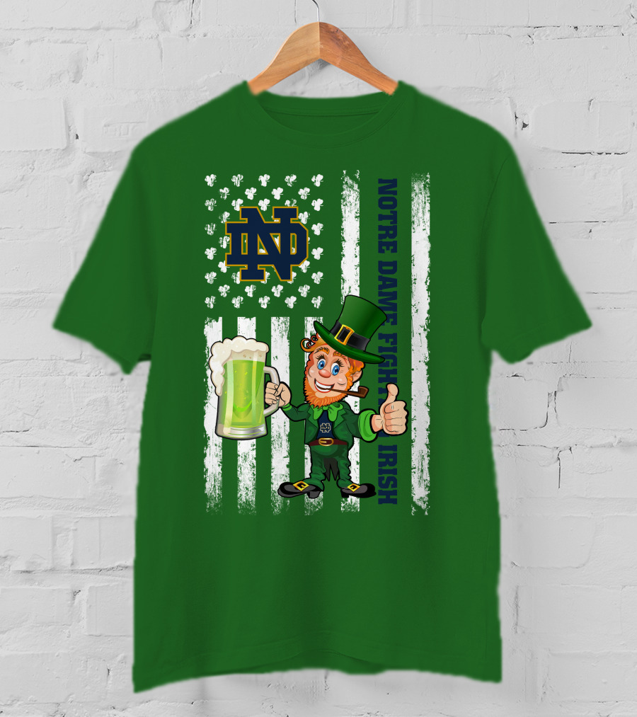 Notre Dame Fighting Irish Leprechaun With Beer And Shamrock Flag T-Shirt