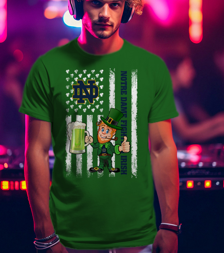 Notre Dame Fighting Irish Leprechaun With Beer And Shamrock Flag T-Shirt