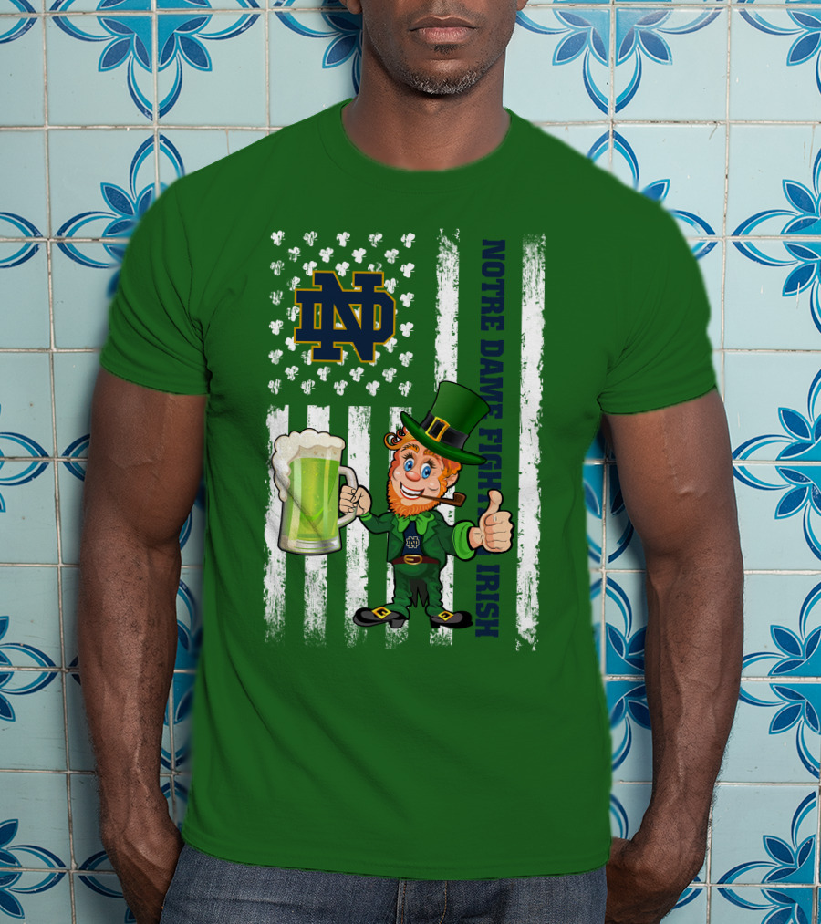 Notre Dame Fighting Irish Leprechaun With Beer And Shamrock Flag T-Shirt