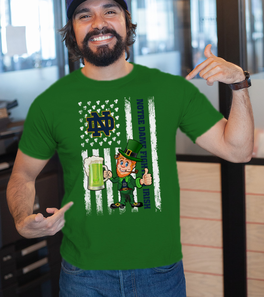 Notre Dame Fighting Irish Leprechaun With Beer And Shamrock Flag T-Shirt