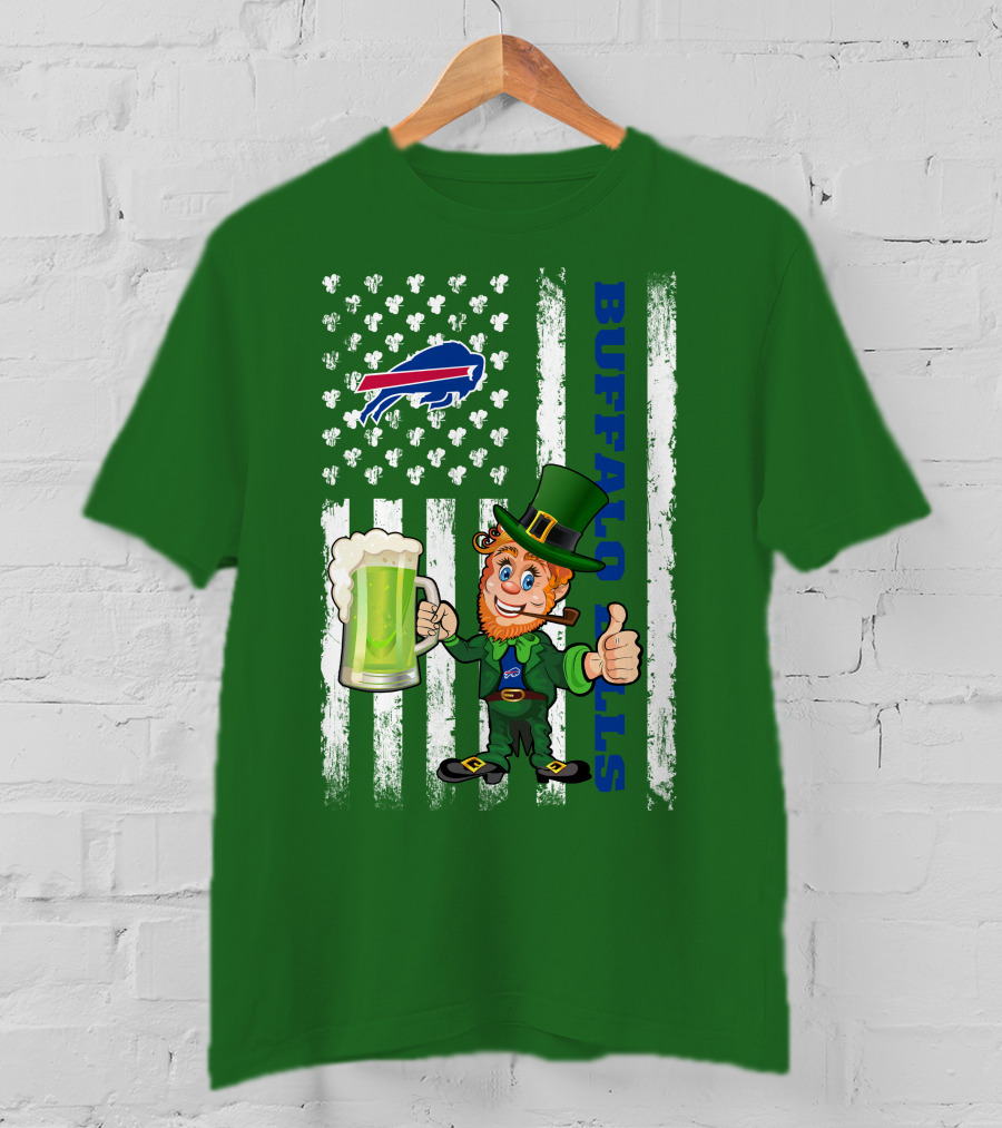 Buffalo Bills St Patrick's Day Leprechaun American Flag Shamrocks Beer T-Shirt