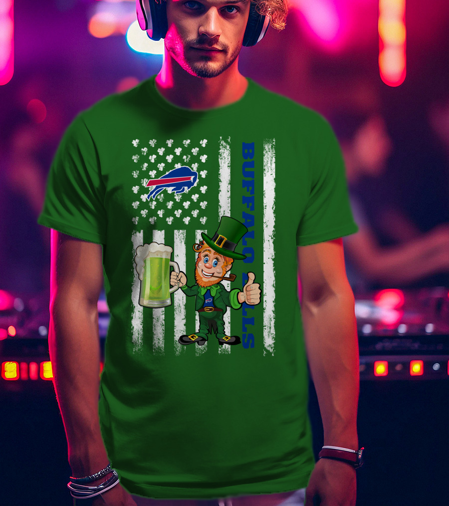 Buffalo Bills St Patrick's Day Leprechaun American Flag Shamrocks Beer T-Shirt