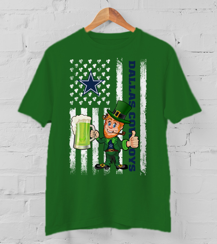 Dallas Cowboys St Patrick's Day Leprechaun Flag Beer Shamrocks Star T-Shirt