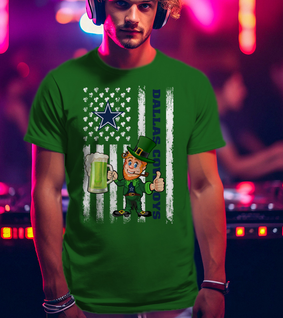 Dallas Cowboys St Patrick's Day Leprechaun Flag Beer Shamrocks Star T-Shirt