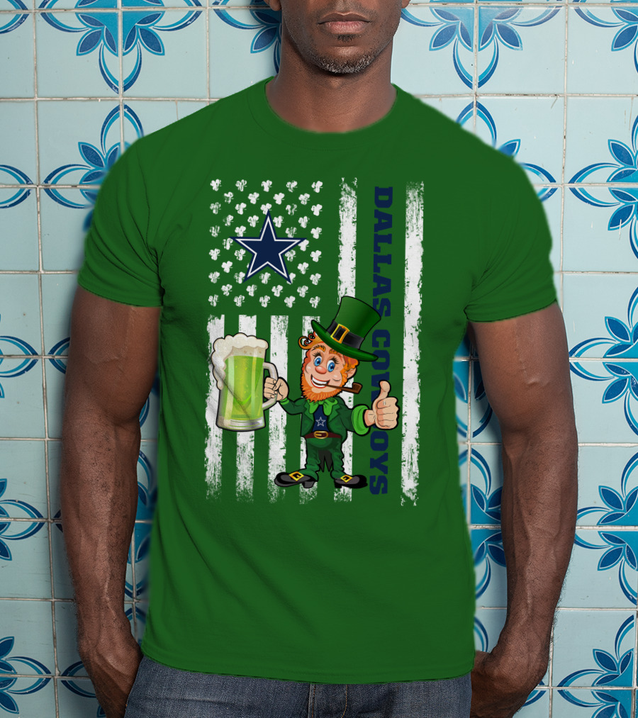 Dallas Cowboys St Patrick's Day Leprechaun Flag Beer Shamrocks Star T-Shirt
