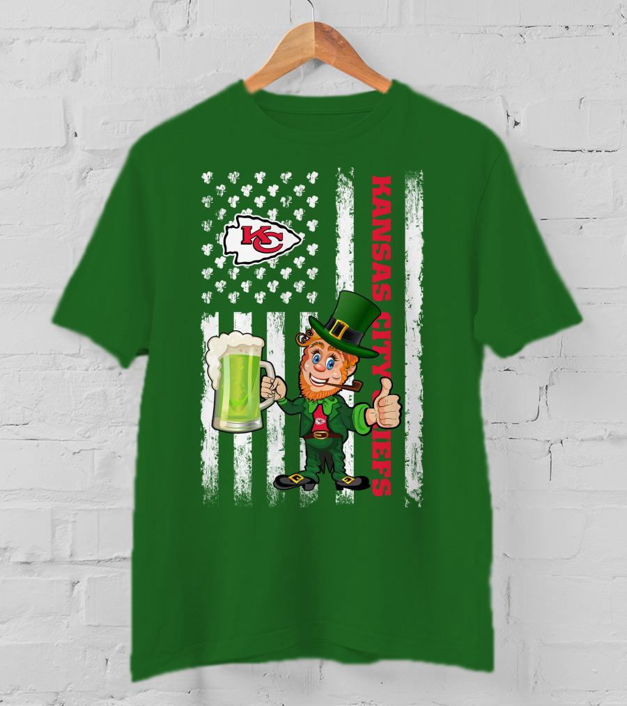 Kansas City Chiefs Leprechaun St Patrick's Day Shamrock Flag T-Shirt
