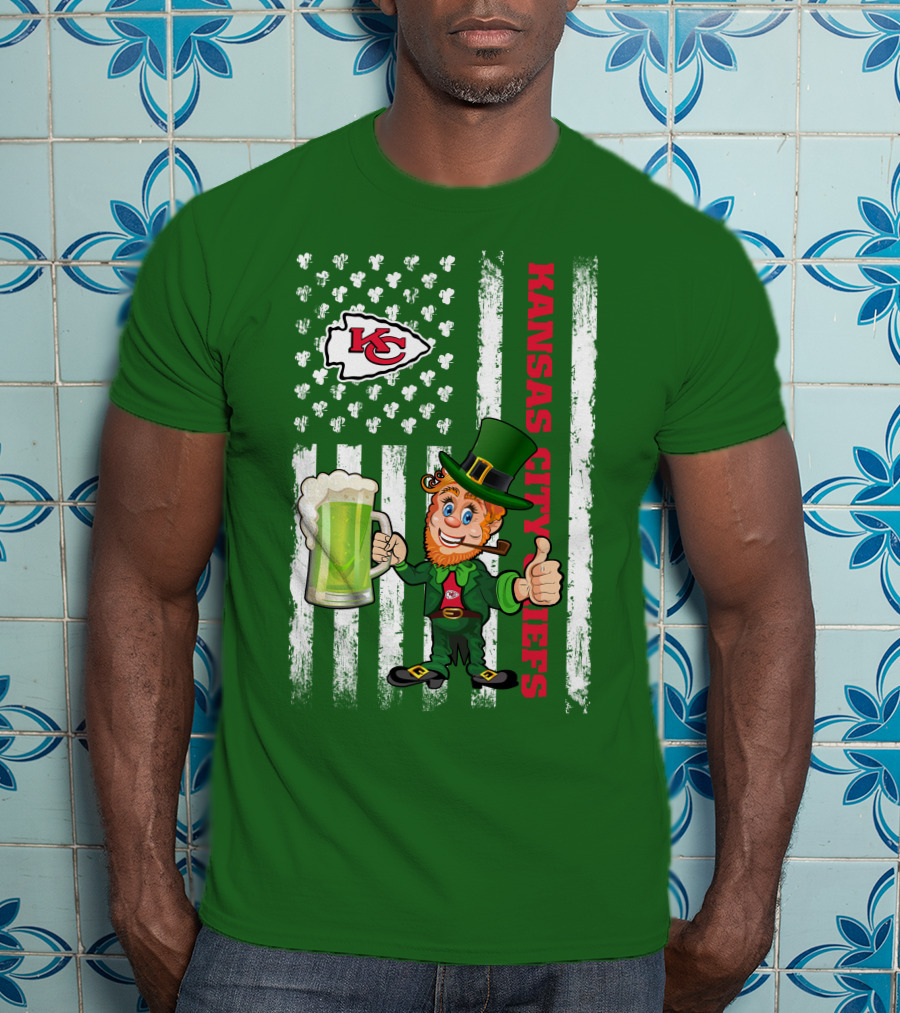 Kansas City Chiefs Leprechaun St Patrick's Day Shamrock Flag T-Shirt