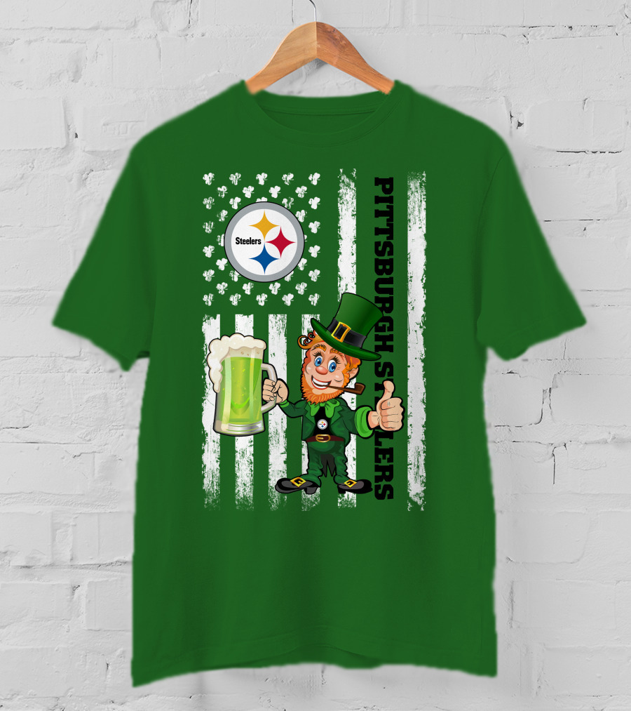 Pittsburgh Steelers Leprechaun St Patrick's Day Shamrock Beer Flag T-Shirt
