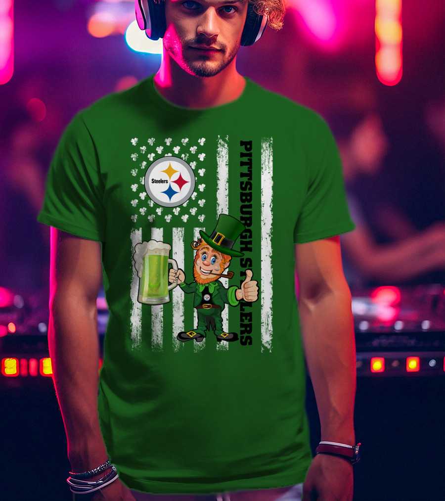 Pittsburgh Steelers Leprechaun St Patrick's Day Shamrock Beer Flag T-Shirt