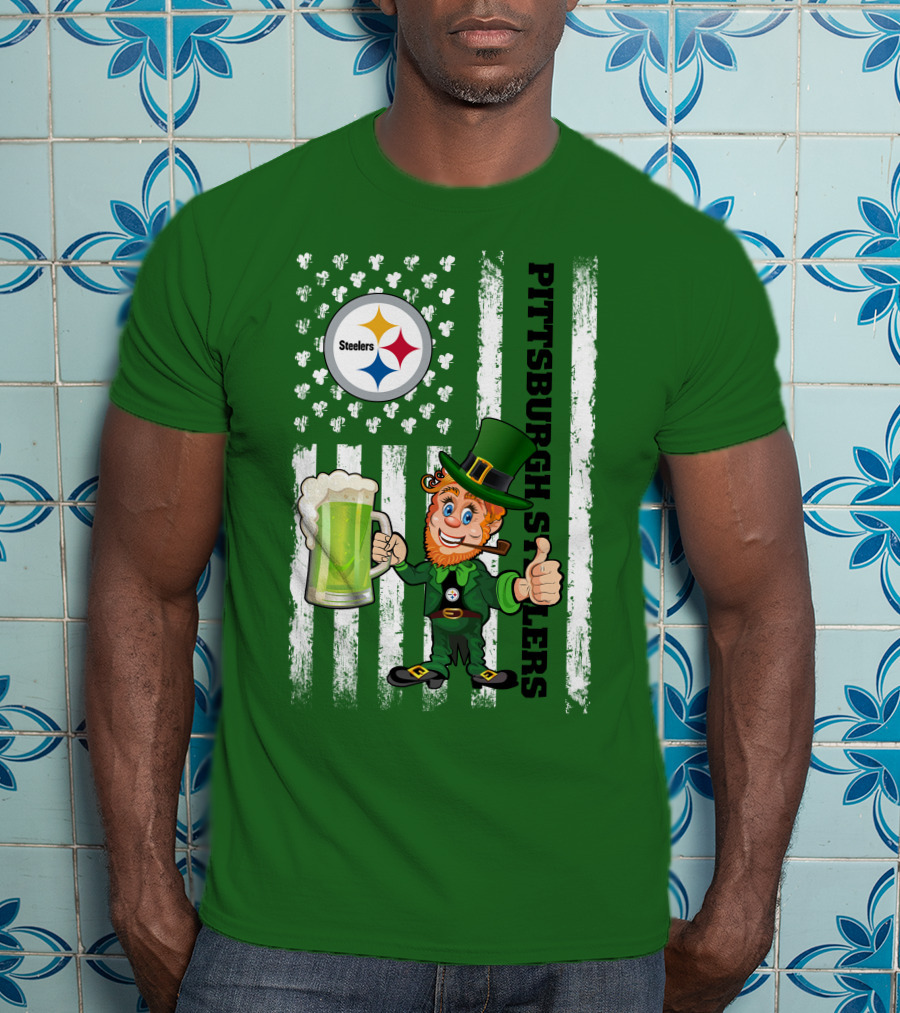 Pittsburgh Steelers Leprechaun St Patrick's Day Shamrock Beer Flag T-Shirt