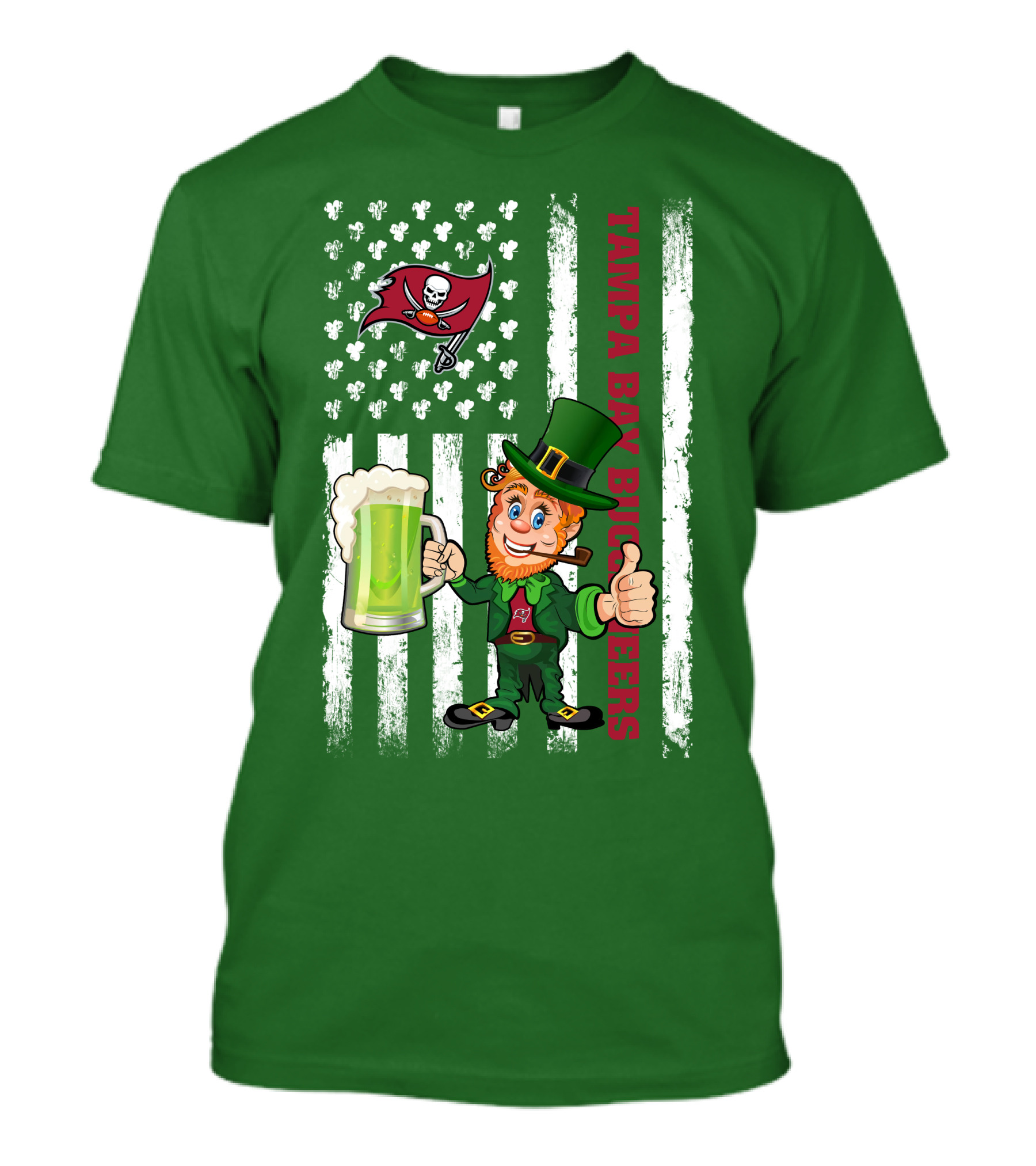 Tampa Bay Buccaneers St Patrick's Day Leprechaun Flag With Shamrocks And Green Beer T-Shirt