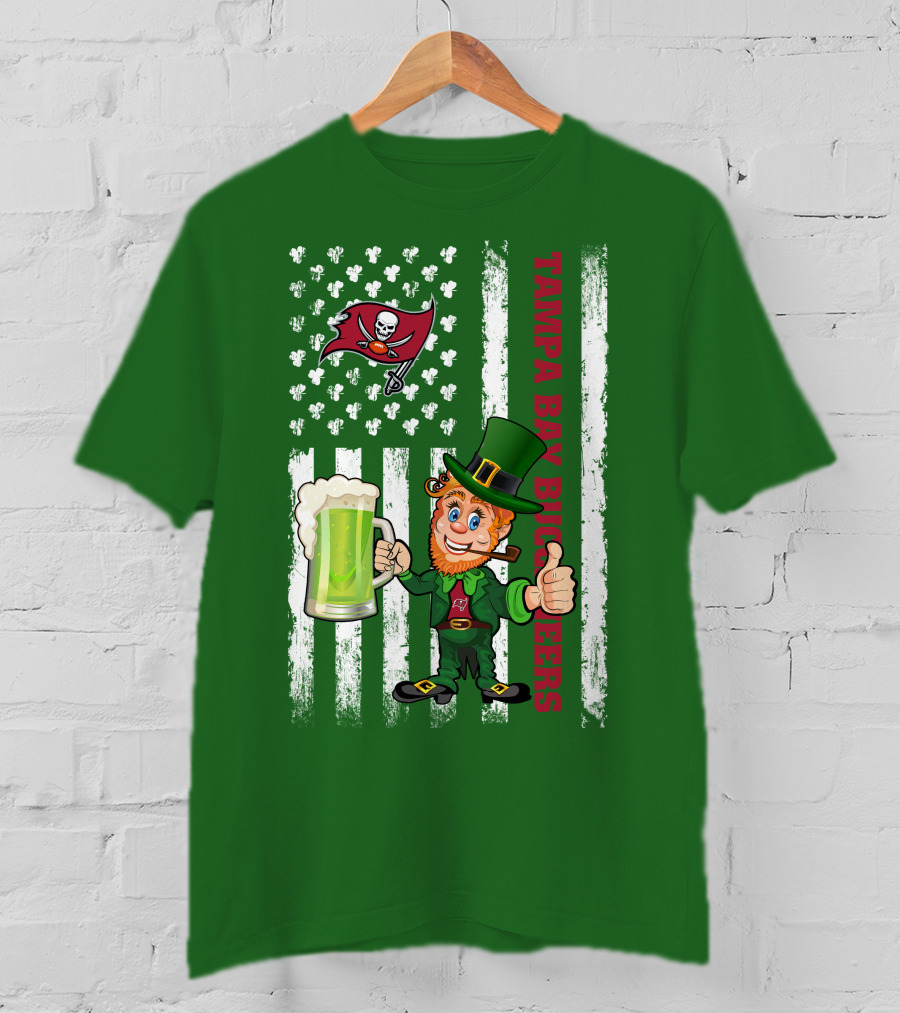 Tampa Bay Buccaneers St Patrick's Day Leprechaun Flag With Shamrocks And Green Beer T-Shirt