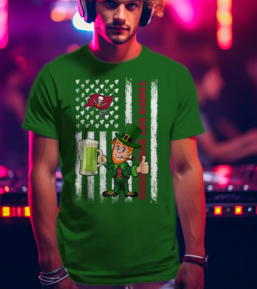 Tampa Bay Buccaneers St Patrick's Day Leprechaun Flag With Shamrocks And Green Beer T-Shirt