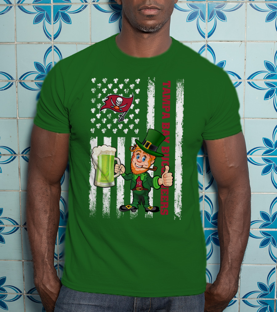 Tampa Bay Buccaneers St Patrick's Day Leprechaun Flag With Shamrocks And Green Beer T-Shirt