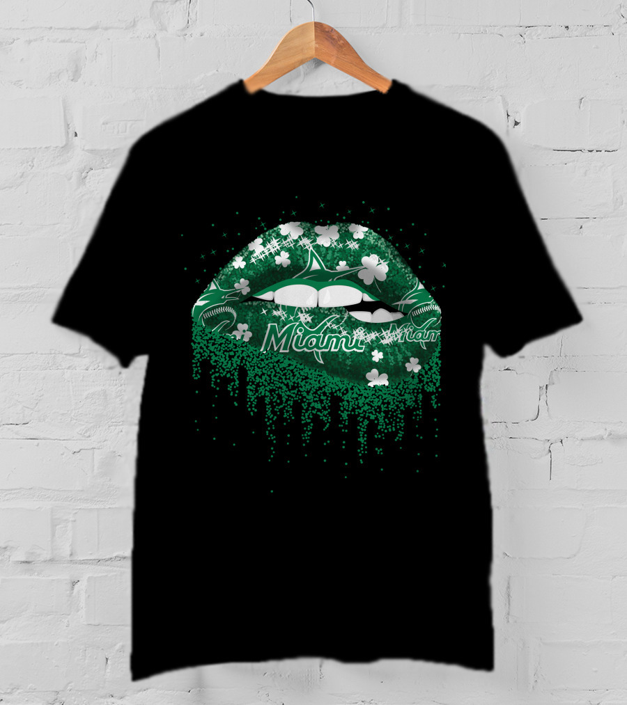 Miami Marlins Green Sparkling Shamrock Lips T-Shirt