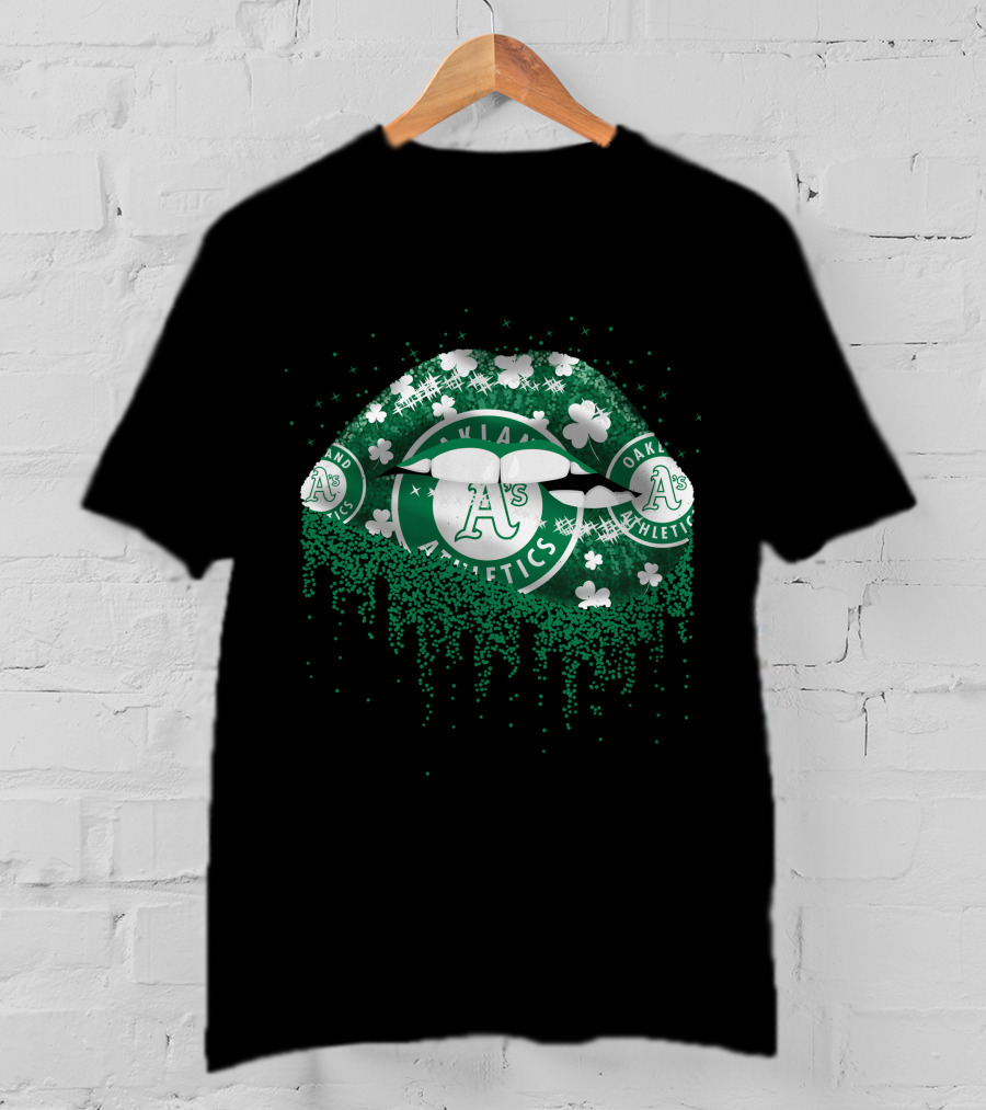 Oakland Athletics A's Logo With Shamrocks And Glitter Lips T-Shirt