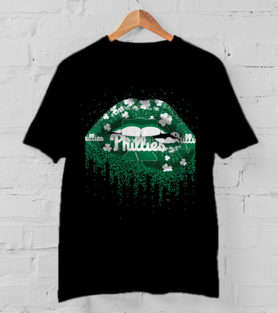 Phillies Green Clover Lip Pattern With Sparkling Shamrocks T-Shirt