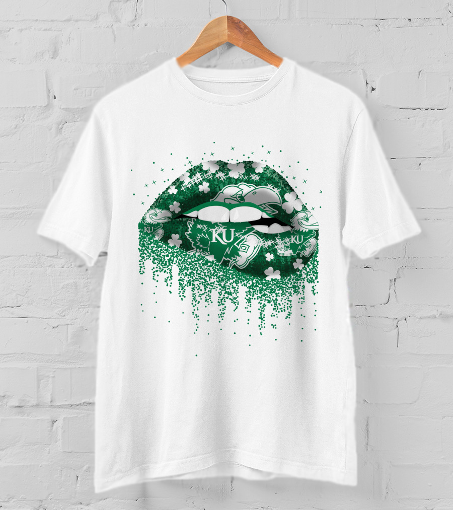 Kansas Jayhawks Lips Green Shamrock KU T-Shirt