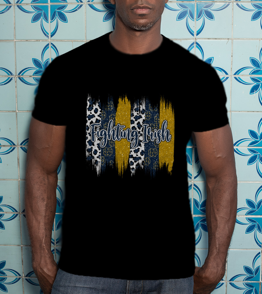 Notre Dame Fighting Irish Brushstroke Blue Gold Leopard Print T-Shirt