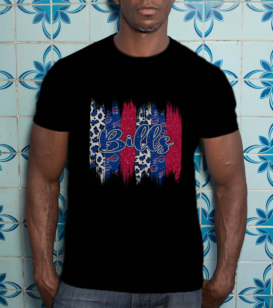 Bills Brushstroke Leopard Glitter Red Blue Stripes T-Shirt