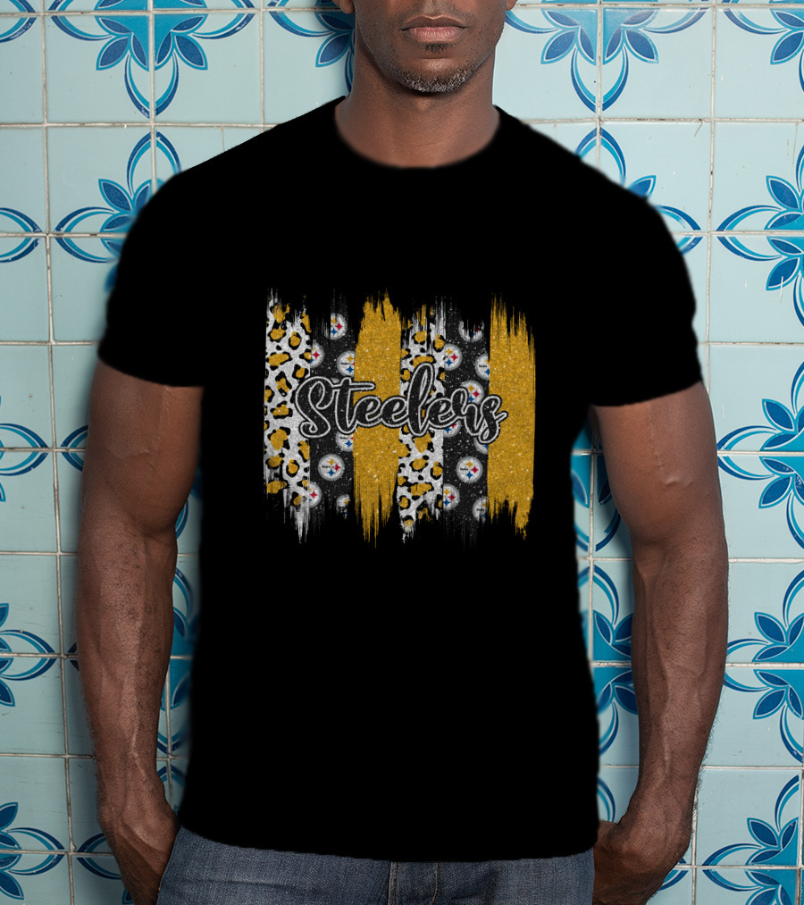 Steelers Leopard Glitter Stripes Brushstroke T-Shirt