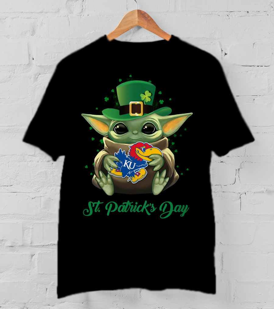 St. Patrick's Day Kansas Jayhawks Baby Yoda KU T-Shirt