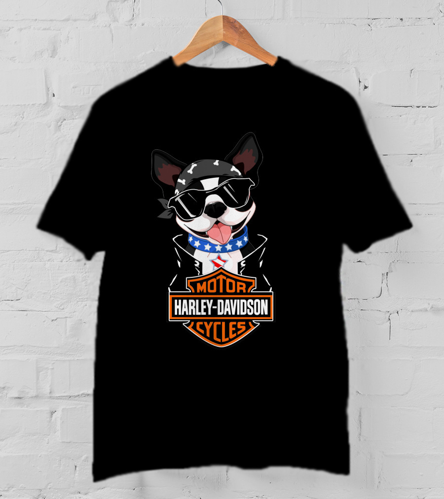 Harley Davidson Boston Terrier Motorcycle American Flag Scarf T-Shirt