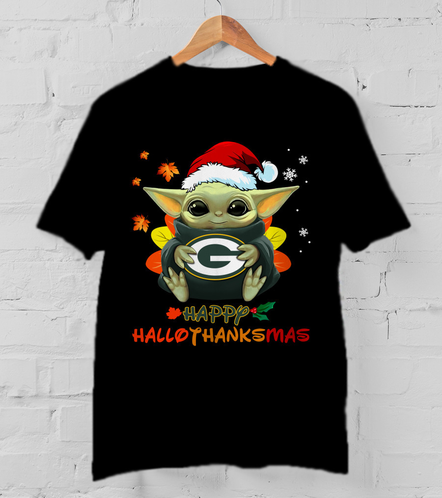 Happy Hallothanksmas Green Bay Packers Baby Yoda Santa Hat T-Shirt