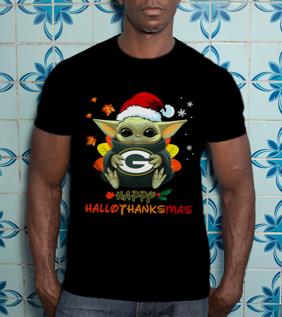Happy Hallothanksmas Green Bay Packers Baby Yoda Santa Hat T-Shirt
