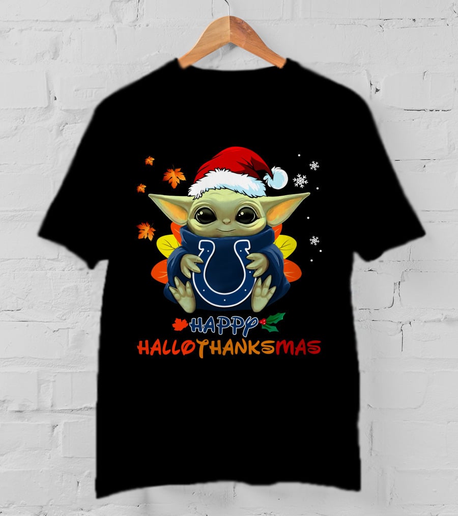 Happy Hallothanksmas Indianapolis Colts Baby Yoda Santa Hat T-Shirt
