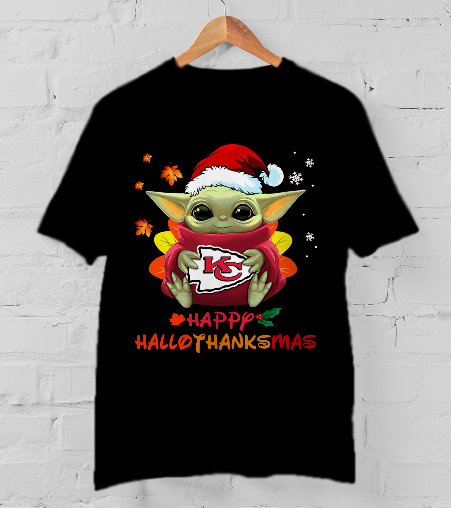 Kansas City Chiefs Baby Yoda Happy Hallothanksmas T-Shirt