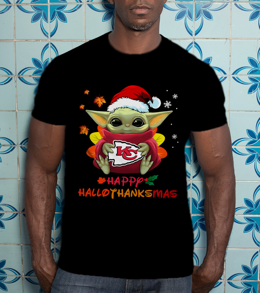 Kansas City Chiefs Baby Yoda Happy Hallothanksmas T-Shirt