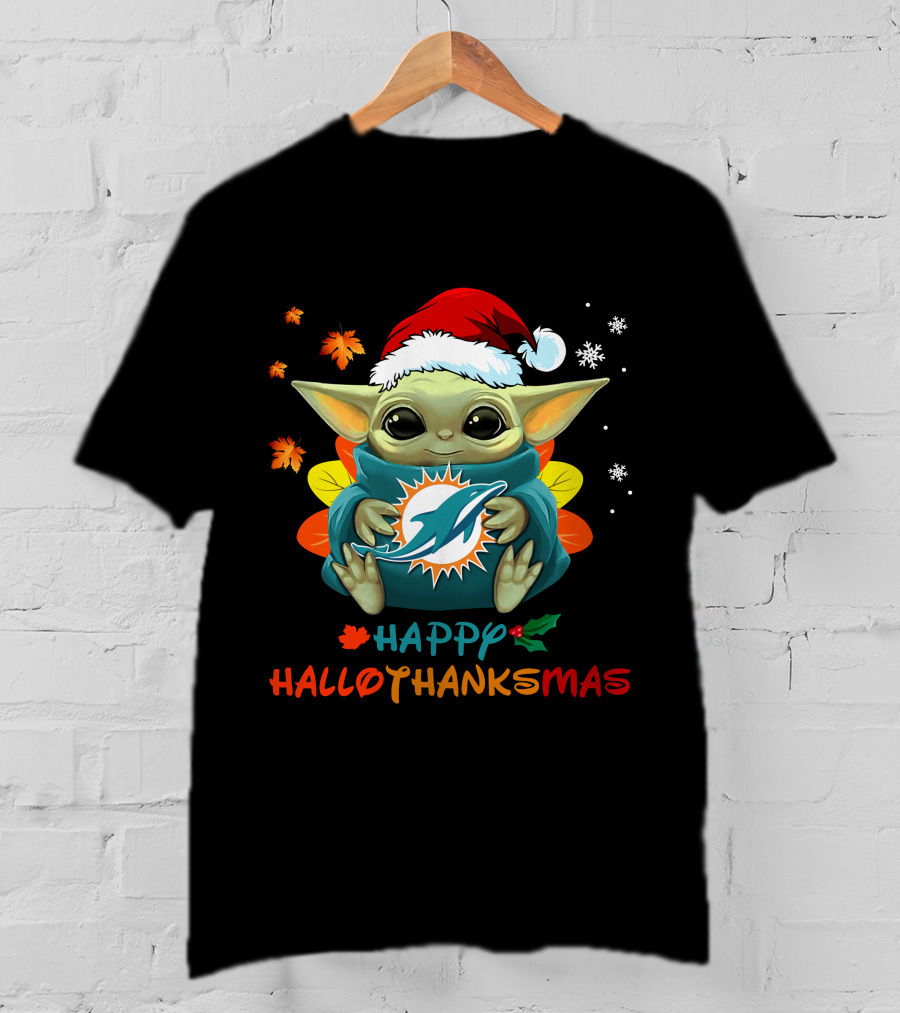 Happy Hallothanksmas Miami Dolphins Baby Yoda T-Shirt