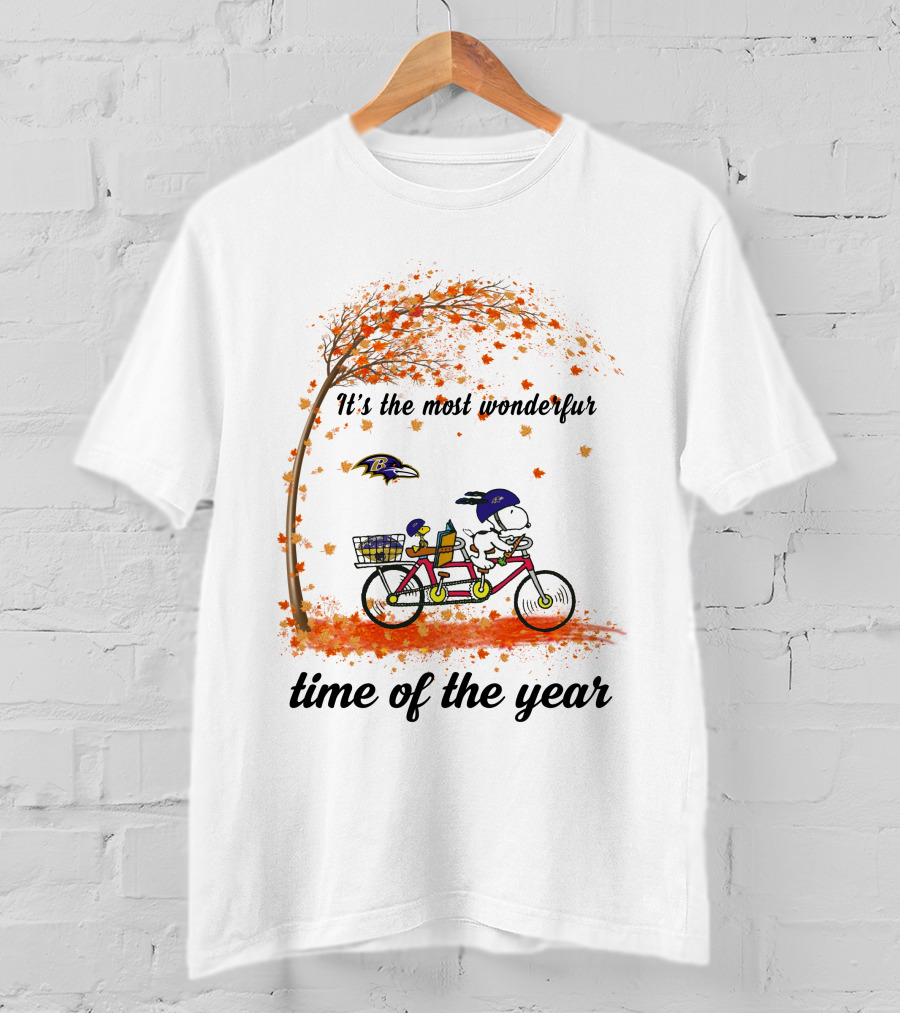 Baltimore Ravens Snoopy It's The Most Wonderful Time Of The Year Autumn Bicycle T-Shirt